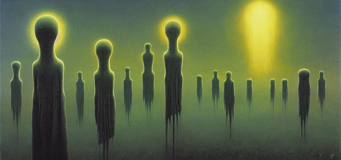 Image similar to dystopian surreal painting aliens in shrouds praying to a single eerie head statue surrounded by uneven buildings, artstyle by zdzisław beksinski