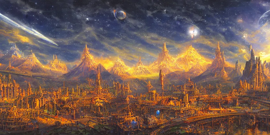 Prompt: fantasy oil painting, gleaming silver mega structure city, argos, indore, kailasa, ellora, hybrid, looming, small buildings, warm lighting, street view, overlooking, epic, interstellar space port launching dock, distant mountains, bright clouds, luminous sky, cinematic lighting, michael cheval, david palladini, oil painting, natural tpose