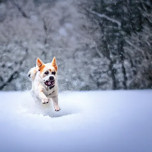 Image similar to Photorealistic photograph of a dog running through the snow, photorealism, photorealistic, realism, real, highly detailed, ultra detailed, detailed, shutter speed 1/1000, 200mm Focal Length, Canon EOS R7