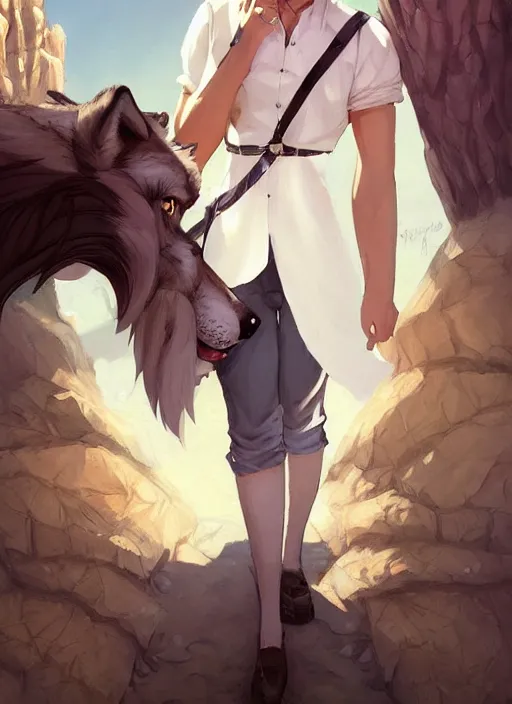 Image similar to beautiful portrait commission of a male furry anthro timber wolf Sheriff wearing a white dress shirt with suspenders in an old-timey desert town. Atmospheric. Character design by charlie bowater, ross tran, artgerm, and makoto shinkai, detailed, inked, western comic book art