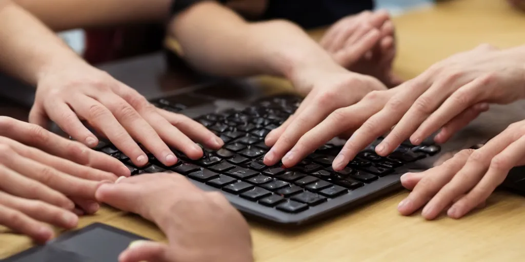 Prompt: photo of hands with to many fingers at a championship typing cometition