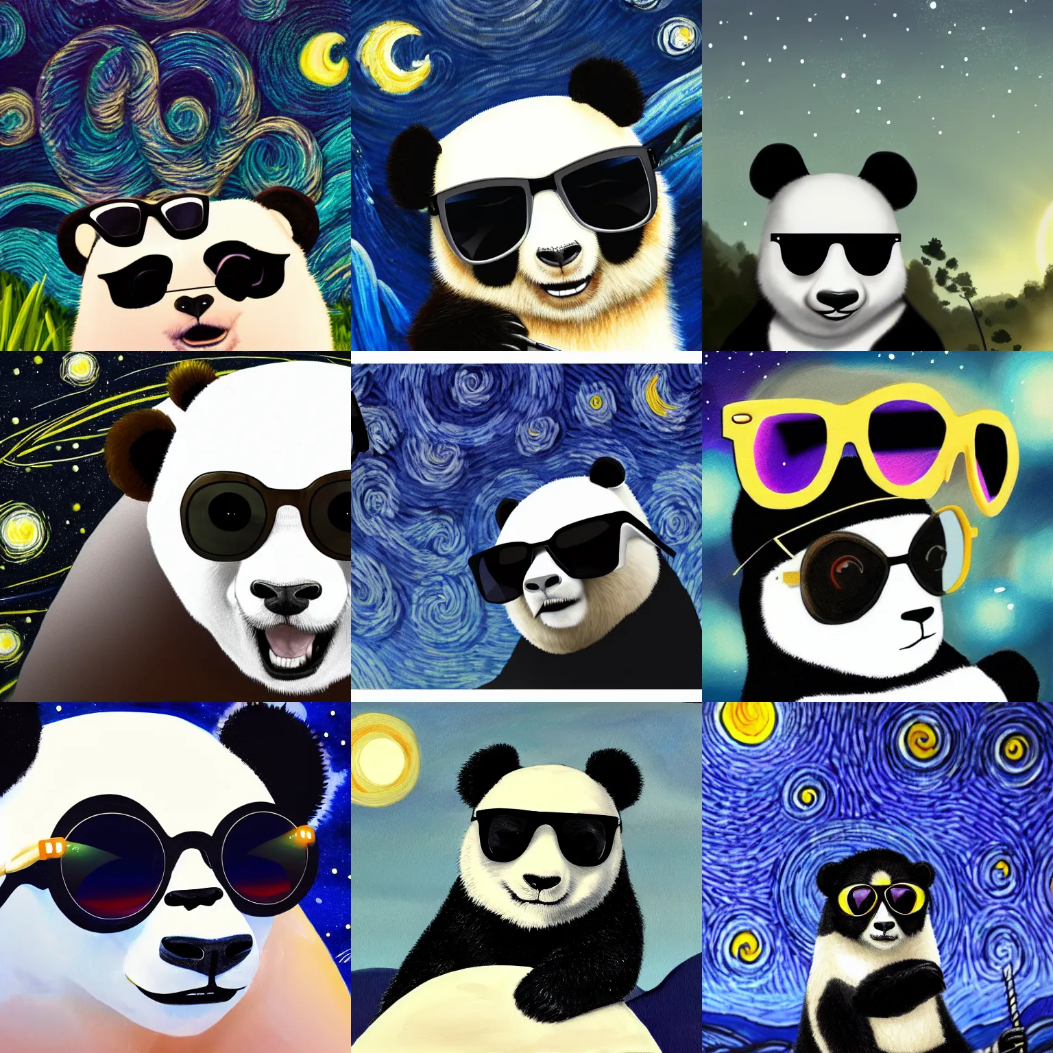 Prompt: A panda wearing sunglasses on a starry night, trending on artstation, detailed, 4k digital art