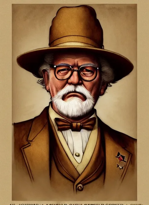 Image similar to close up portrait of colonel sanders - sepia, decorated civil war veteran, union uniform by artgerm, cushart krenz, greg rutkowski, mucha. art nouveau. gloomhaven, golden arches logo, pale colors, sharp edges. ultra clear detailed. 8 k. elegant, intricate, octane render