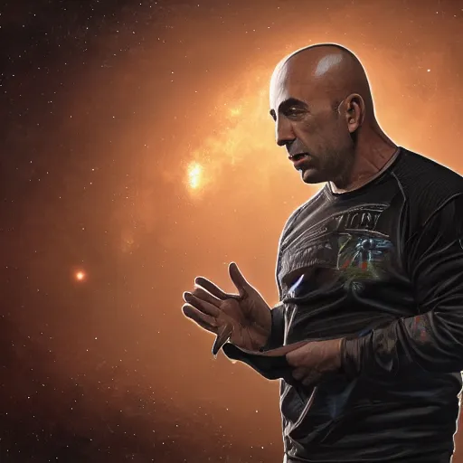 Image similar to Joe Rogan talking to aliens from another galaxy, intricate, elegant, highly detailed, digital painting, artstation, smooth, sharp focus, medium shot, mid-shot, Unreal Engine 4k