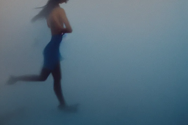 Prompt: film photography, minimalism, close up woman with bright lipstick running in the blue fog, low shutter speed, 35mm, motion blur