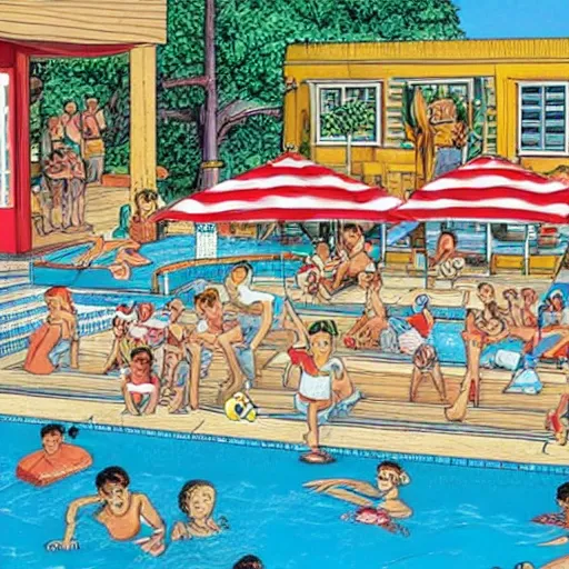 Image similar to where's waldo book page highly detailed, swimming pool setting