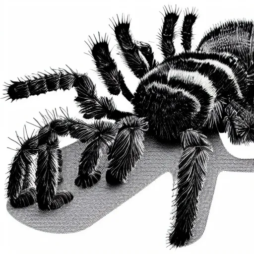 Image similar to book illustration of a tarantula with a machine gun mounted on its back. book illustration, monochromatic, white background, black and white image