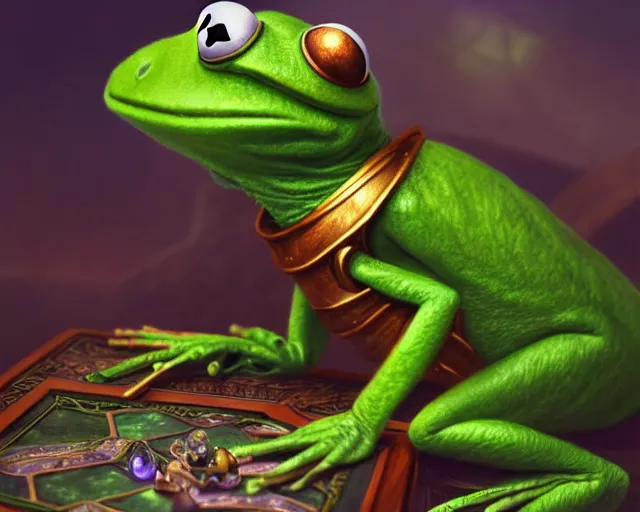 Prompt: photography of kermit the frog, deep focus, d & d, fantasy, intricate, elegant, highly detailed, digital painting, artstation, concept art, matte, sharp focus, illustration, hearthstone, art by artgerm and greg rutkowski and alphonse mucha