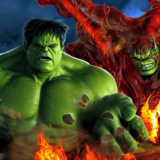 Image similar to The hulk in hell fighting Satan 4K detail