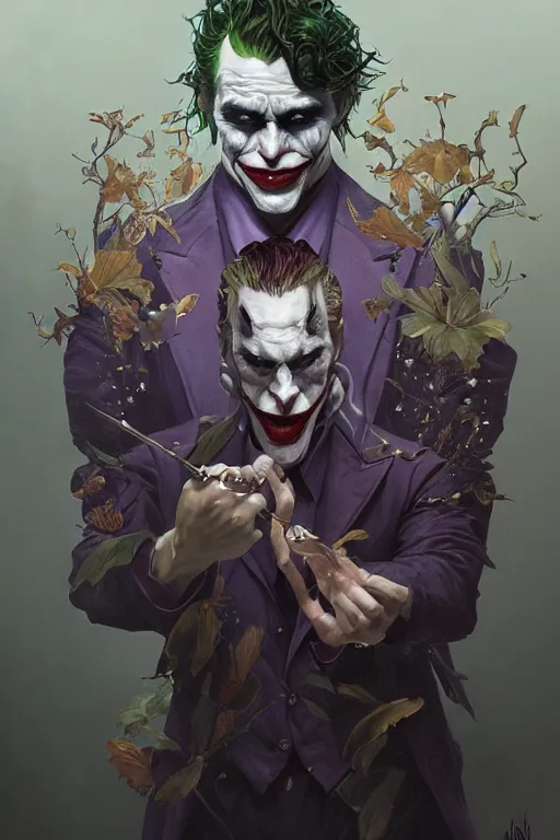 Prompt: portrait of the joker, forest, godlike, full body, fantasy, intricate, elegant, highly detailed, digital painting, artstation, concept art, sharp focus, illustration, art by artgerm and greg rutkowski and alphonse mucha