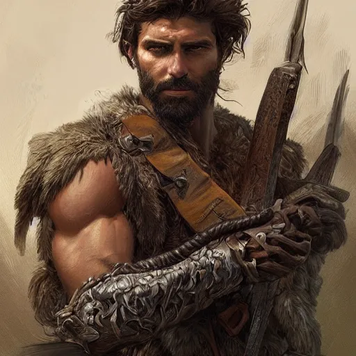 Image similar to portrait of a rugged ranger, 3 0 years old, muscular, upper body, hairy torso, d & d, fantasy, intricate, elegant, highly detailed, digital painting, artstation, concept art, smooth, sharp focus, illustration, art by artgerm and greg rutkowski and alphonse mucha