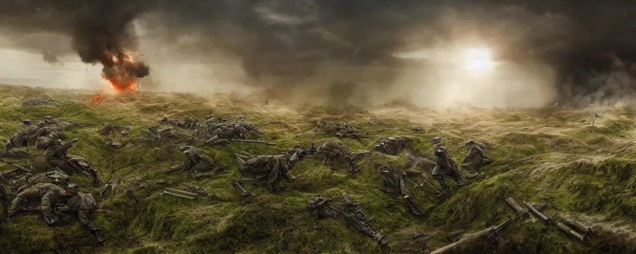 Prompt: natural looking fight landscape of ww 1 trenches, with green gas spreading across land, soldiers are attacking fighting with resistance aliens, futuristic tank is on fire, ground explosion in the background, alien mothership in the sky, hyper realistic, highly detailed, dramatic lighting, raytarced, god rays, 4 k, 8 k, matte painting