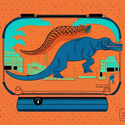 Image similar to memphis design, retro, 90s, detailed illustration, dinosaur samurai with a boombox