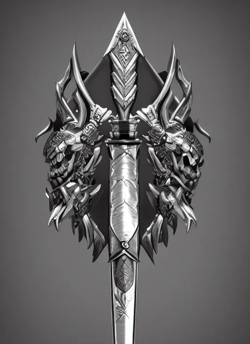 Image similar to a black and silver sword skull crest, orthographic, ornament, weapon, a 2 d render by dom qwek, front side, concept art, trending on polycount, artstation, hard surface modeling, rendered in maya, zbrush, hd, vray, blizzard, symmetry