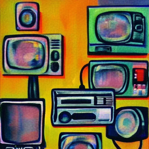 Prompt: array of crt televisions, tv static, antenna, stacked, polaroid, steroids, adult video store, impressionist painting, painting, oil painting, cell shaded, fuzz