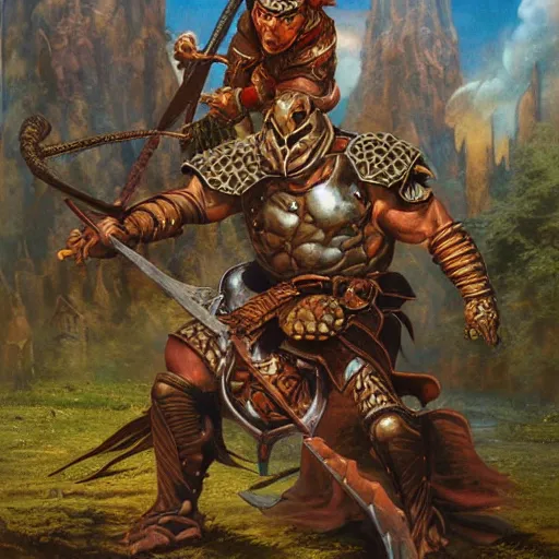 Prompt: portrait of a Tortle as a powerful dungeons and dragons fighter, wearing leather armor, intricately detailed, realistic, oil painting, by jeff easley, boris vallejo, cinematic lighting