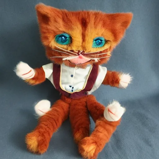 Prompt: puppet ragdoll, not a cat, plush, haunted, laughing, dressed in monstrous clothing