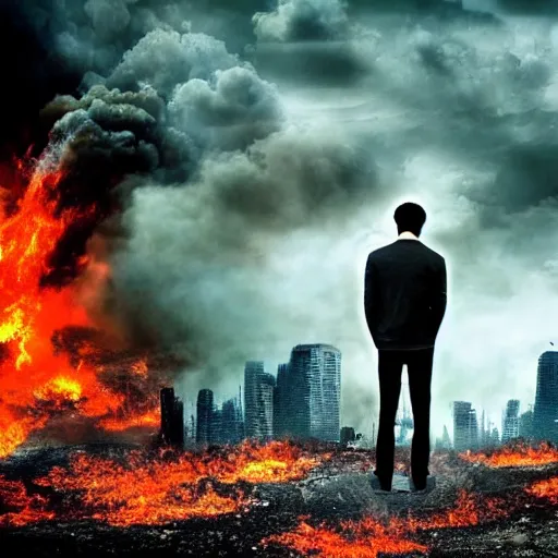 Prompt: the city is burning and fire is everywhere, palaces are collapsing world is getting destroyed just a man was standing alone crying while world is getting destroyed detailed picture HD