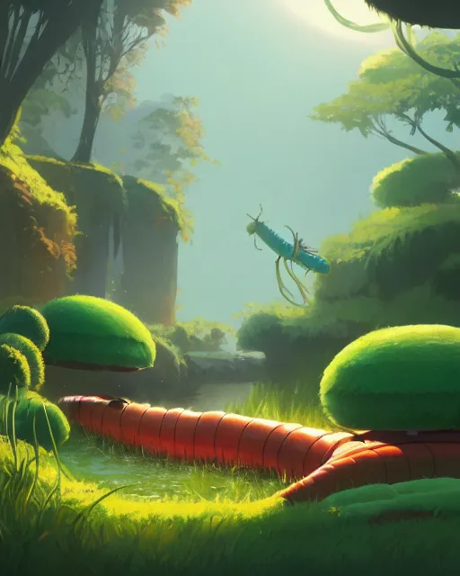 Image similar to a giant caterpillar taking a bath in a well with lush vegetation around in autumn, cory loftis, james gilleard, atey ghailan, makoto shinkai, goro fujita, character art, rim light, exquisite lighting, clear focus, very coherent, plain background, soft painting