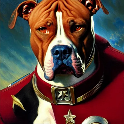 Image similar to a portrait of a pitbull dogman canine star trek officer. highly detailed painting by gaston bussiere, craig mullins, j. c. leyendecker, furry