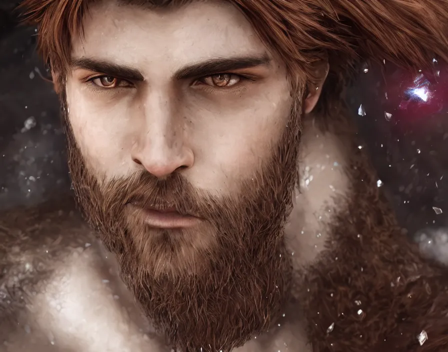 Image similar to male human face with crystal shards, realistic red eyes, brown hair, brown beard, beautiful graphics, fantasy artwork, very beautiful scenery, hd, hdr, ue 5, ue 6, unreal engine 5, cinematic 4 k wallpaper, 8 k, ultra detailed, by popular digital, details, beautiful image ever created, high resolution, artstation, award winning