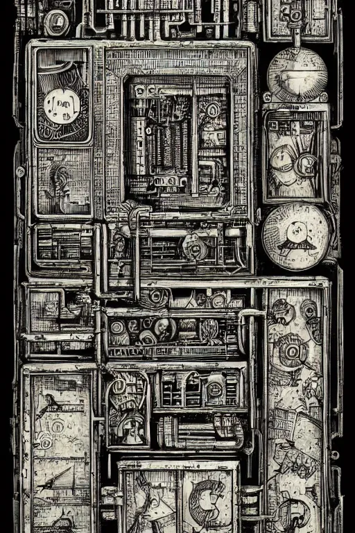 Prompt: warhammmer 4 0 k page of an adepticus mechanicus book on lost technology, page 2 3 : incantation and sigil, gothic industrial diagram, academic art. intricate