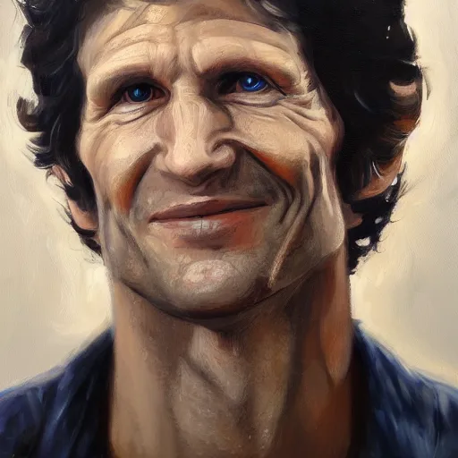 Image similar to Oil painting of Todd Howard smirking, stunning, amazing, trending on artstation HQ, deviantart