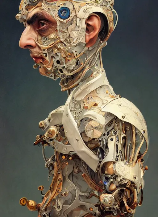 Image similar to mr bean as a organic cyborg, diffuse lighting, fantasy, intricate, elegant, highly detailed, lifelike, photorealistic, digital painting, artstation, illustration, concept art, smooth, sharp focus, art by john collier and albert aublet and krenz cushart and artem demura and alphonse mucha