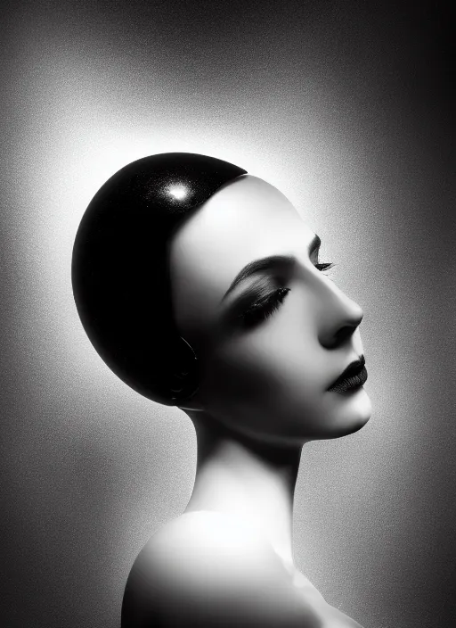 Image similar to surreal mythical dreamy dark artistic black and white fine art fashion portrait photo of a young beautiful delicate female metropolis robot kissing her mirror reflection, spiritual, halo, glory, rim light, cinematic, studio dramatic light, poetic, masterpiece, octane render, 8 k, photo - realistic by dora maar man ray