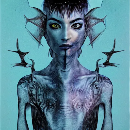 Prompt: Dragon girl, portrait of young girl half dragon half human, Dragon skin, Dragon eyes, Blue hair, Long hair, by David Lynch