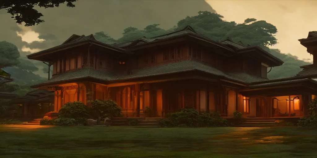 Image similar to twilight lighting, moody, atmospheric, solarpunk, old traditional filipino sleek modern mansion made of wood in a green garden, with a front porch, on the lonely hill by ghibli studio and victor ngai, ghost in the shell, akira, pixar highly detailed, 8 k h 5 7 6