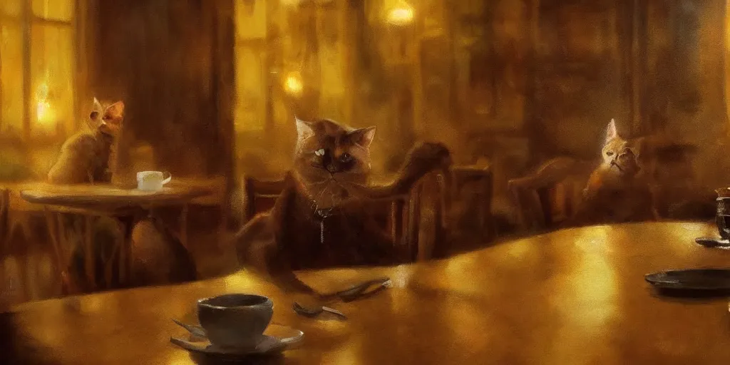 Image similar to brown cat with yellow eyes is sitting at table in a cafe at paris in early 2 0 th century. atmospheric feeling, warm colours, brown colours, yellow colours, epic scene, cinematic, very detailed, hd, trending on artstation