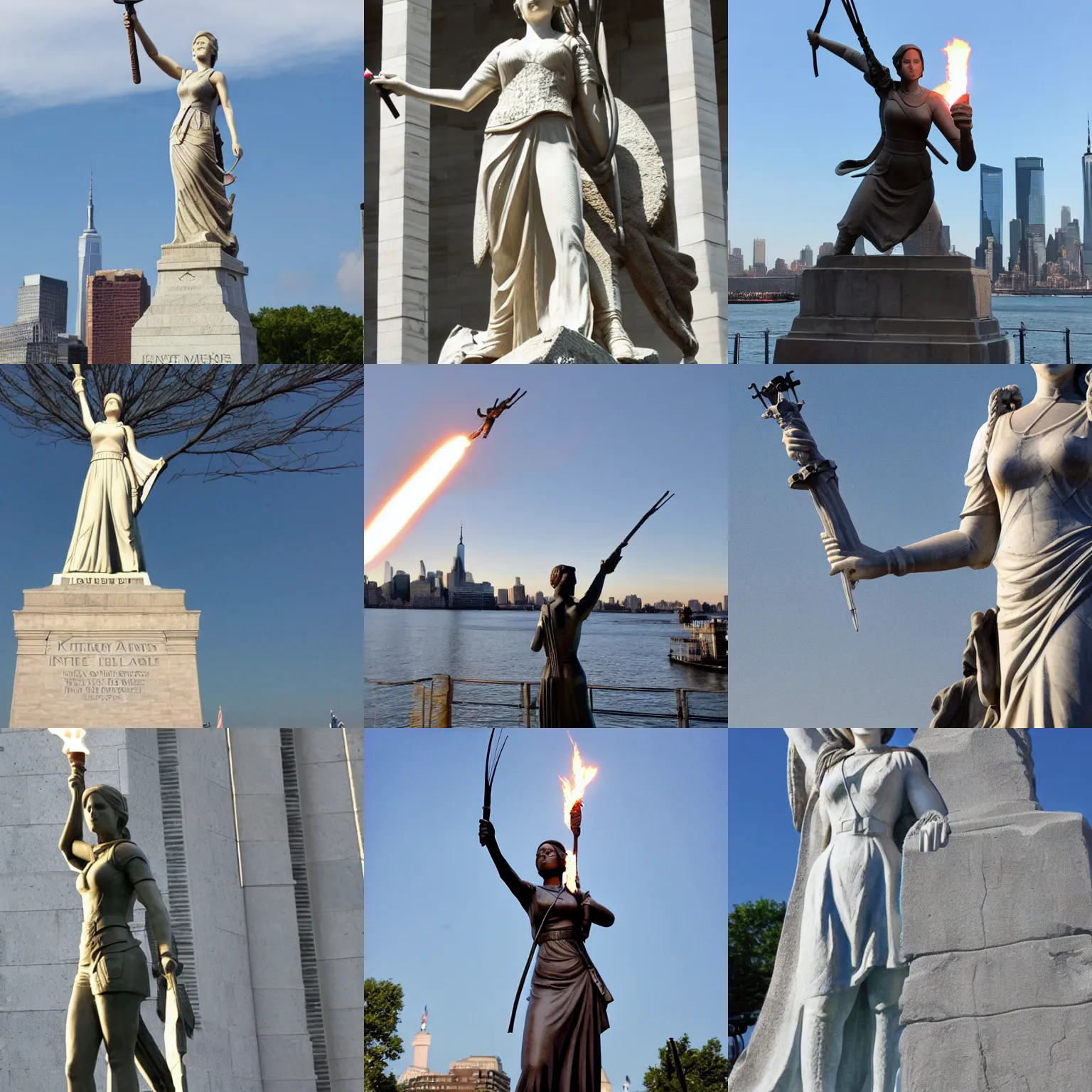 Prompt: A giant marble statue of Katniss Everdeen, on Liberty Island in New York Harbour, holding a torch