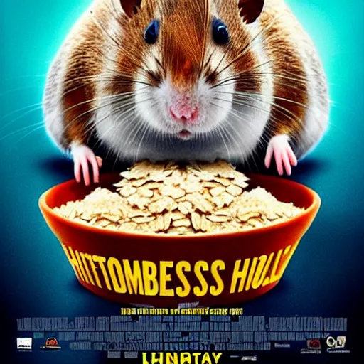 Image similar to an epic movie poster of a movie where a homeless hamster eats so much oatmeal he becomes obese