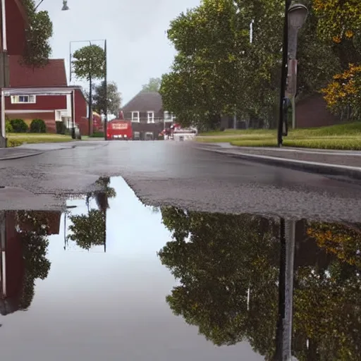 Image similar to still photo of rain puddles and reflections in an american village street, cloudy weather, highly detailed, photorealistic shot, bright studio setting, studio lighting, crisp quality and light reflections, unreal engine 5 quality render