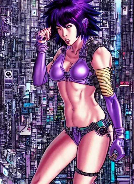 Image similar to motoko kusanagi in grungy cyberpunk megacity, intricate and finely detailed, cyberpunk vaporwave, portrait by j scott campbell