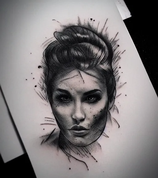 Image similar to tattoo design sketch of a beautiful woman face with a realistic mountain scenery on the womans side, hyper - realistic, double exposure effect, in the style of matteo pasqualin, amazing detail, black and white, faded