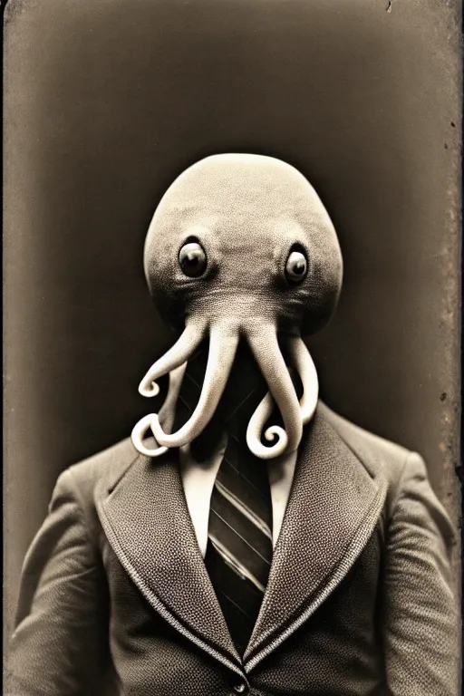 Image similar to anthropomorphic octopus , wearing a suit, tentacles spilling out of the collar, vintage photograph, sepia