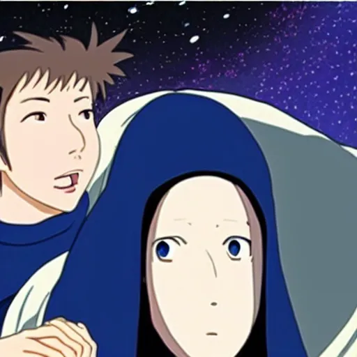 Image similar to Spirited away, guy with dark blonde hair and blue eyes in space, beautiful