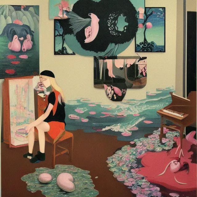 Prompt: female emo art student in her apartment, painting of flood waters inside an artist's feminine bedroom, a river flooding indoors, pomegranates, pigs, ikebana, water, octopus, river, rapids, waterfall, black swans, canoe, berries, acrylic on canvas, surrealist, by magritte and monet