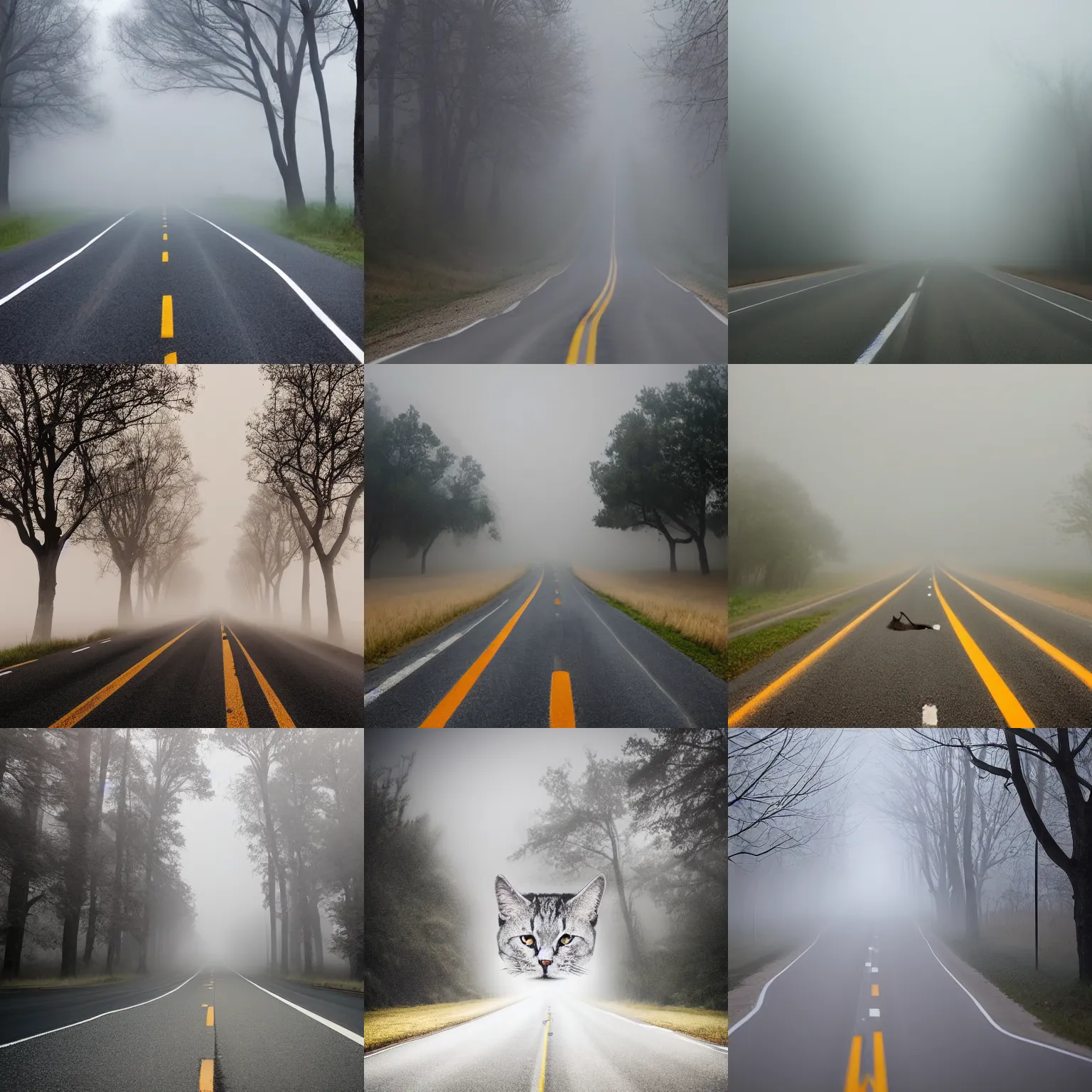 Prompt: An extreme long shot photo of a foggy deserted road, giant cats with huge eyes emerging from the fog, megalophobia, 1120mm lens