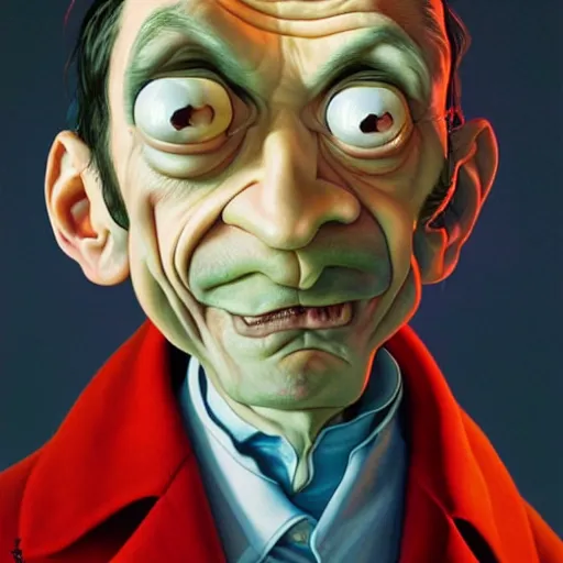 Image similar to mr. bean mad scientist psychopath, caricature, portrait by gaston bussierre and charles vess and james jean and erik jones and rhads, inspired by rick and morty, epic, funny, huge scale, beautiful fine face features, intricate high details, sharp, ultradetailed