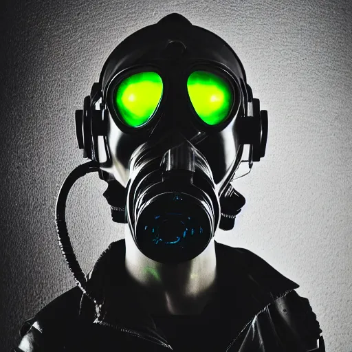 Prompt: a man wearing a cyberpunk gasmask and flight suit, neon LED, cyberpunk, futuristic, portrait
