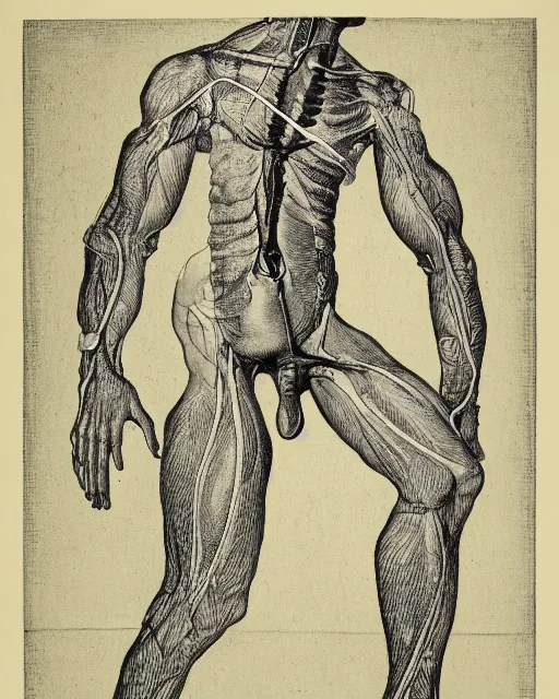 Prompt: a print of a medical textbook diagram of a mutated humanoid by max klinger, extremely detailed, 4 k, etching