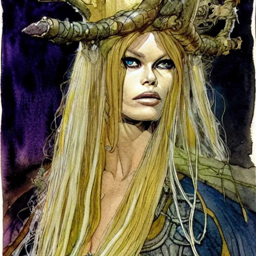 Image similar to a realistic and atmospheric watercolour fantasy character concept art portrait of brigitte bardot as a druidic warrior wizard looking at the camera with an intelligent gaze by rebecca guay, michael kaluta, charles vess and jean moebius giraud