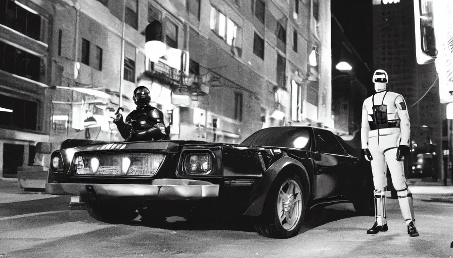 Image similar to peter weller in robocop costume, standing under a street lamp at night in downtown future detroit. leaning against a futuristic police car. criterion collection, movie still. 7 0 mm. imax. film.