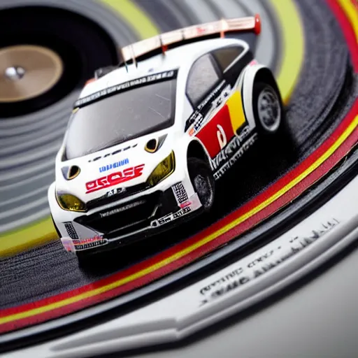 Prompt: tiny wrc car drifting on the surface of a vinyl record. closeup, detailed photo