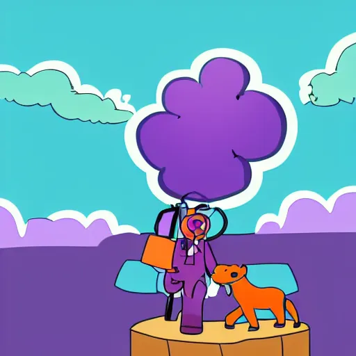 Image similar to cartoon animated bear wearing clothes being launched out of a futuristic machine into a purple and orange cloud land