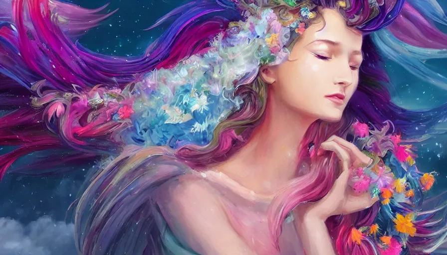 Image similar to a colorful and provenance portrait painting of a angel with her hugeflowers wings spread out gracefully, highly saturated colors, highly detailed, hair made of hair made of air wind and curling smoke, mist, dust, genie, flowers, flower, stars, spirit fantasy concept art, art by charlie bowater and aenami, trending on artstation.