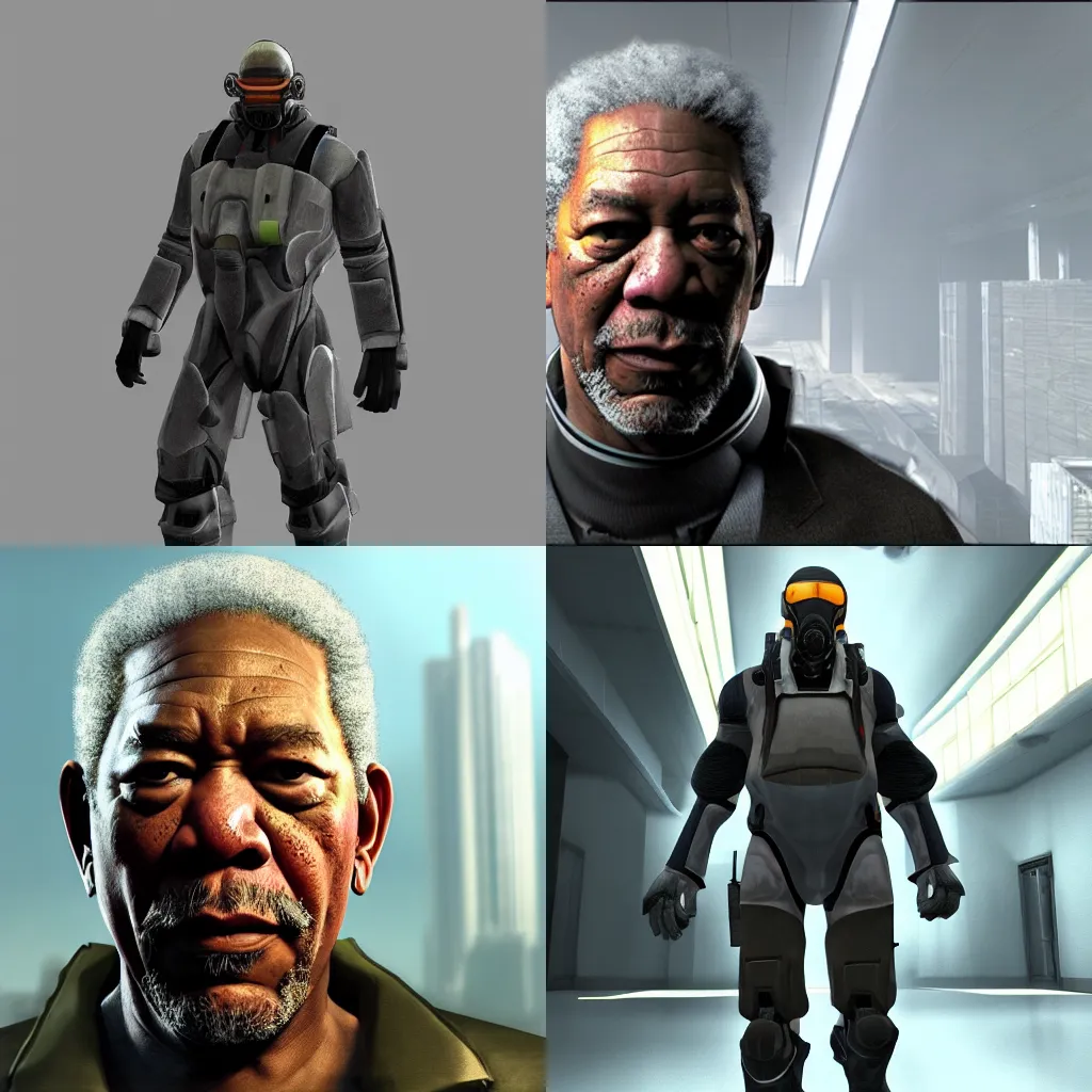 Prompt: Morgan Freeman in Half-Life, HEV suit, Half-Life 2 game screenshot, Artstation, devianart, volumetric light, sharp focus